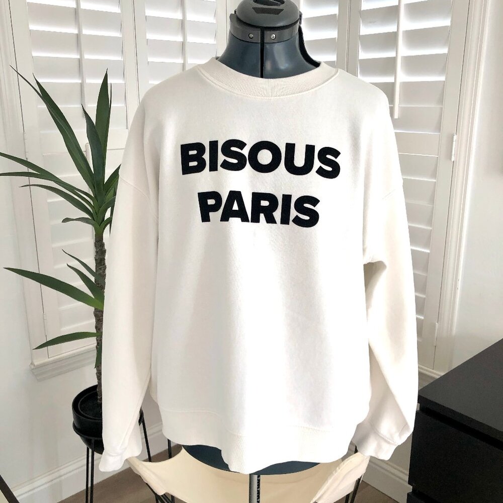 H&M Bisous Paris White Crew Neck Sweatshirt, Size Large
